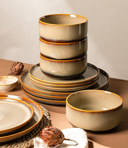 Ceramic Dinnerware Set for 4, 12-Piece Plates and Bowls Set | Handmade Reactive - Image 5