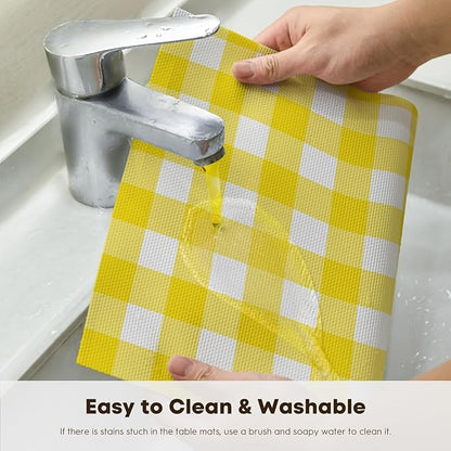 Artoid Mode Buffalo Plaid Vinyl Placemats Set of 4, 12x18 Inch Washable Non-Slip Heat Resistant Plastic Place Mats for Party Dining Table, Yellow/White