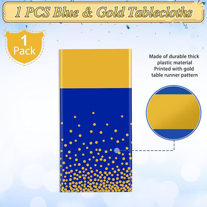 MASHAN 1Pcs Blue Gold Tablecloth Party Decorations, Plastic Royal Blue Table - Image 4