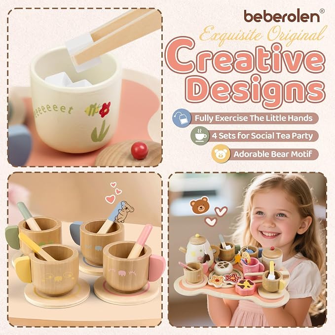 Wooden Tea Set for Little Girls Birthday Gift 3 4 5 Year Old Tea Party | - Image 4