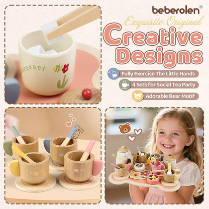 Wooden Tea Set for Little Girls Birthday Gift 3 4 5 Year Old Tea Party | - Image 4