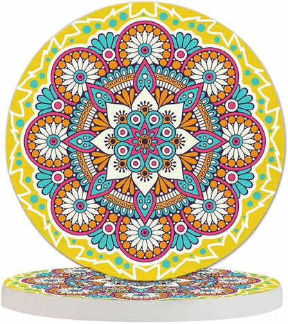 Flower Mandala Round Coaster for Home Coffee Table Chinese Oriental Mystic Yellow Background Asin Ornament Farmhouse Drink Coasters 100% Diatomite 4''X 4''X 0.35'' Printed Pattern