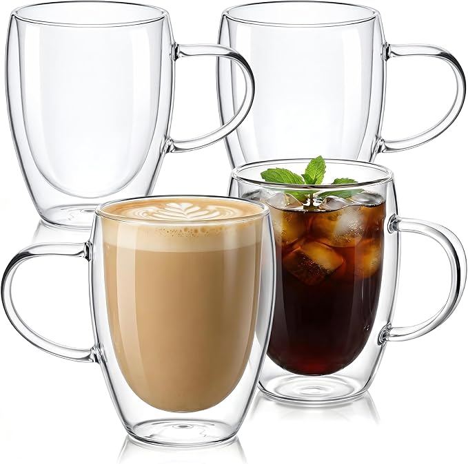 Set of 4 12oz Double Walled Glass Coffee Mugs by Unknown
