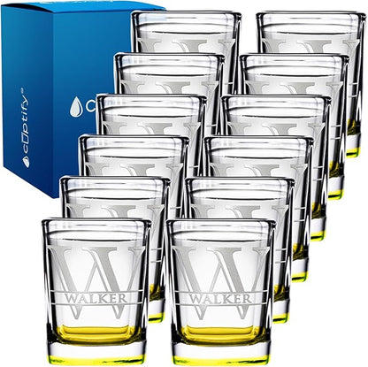 Personalized Square Shot Glasses Set of 12 Yellow Bottom 2oz Engraved Initial and Name Custom Gifts, Weddings, Birthdays, Party, Event, Decorations