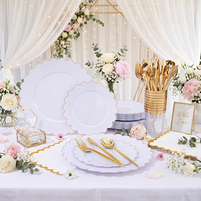 LIYH 210 Pcs Gold Scalloped Plastic Dinnerware Set 30 Guests - Image 6