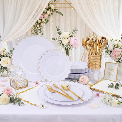 LIYH 210 Pcs Gold Scalloped Plastic Dinnerware Set 30 Guests - Image 6