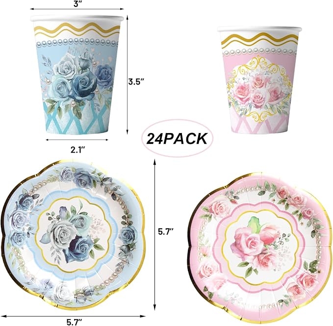 WorldBazaar Floral Tea Party Dinnerware Disposable Cups and Saucers 24 Set | 9oz - Image 3