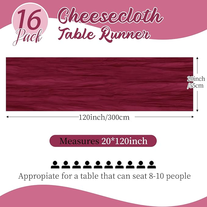 16 Pack Burgundy Cheesecloth Table Runners 20x120 Inch Gauze Table Runner 10FT - Image 2