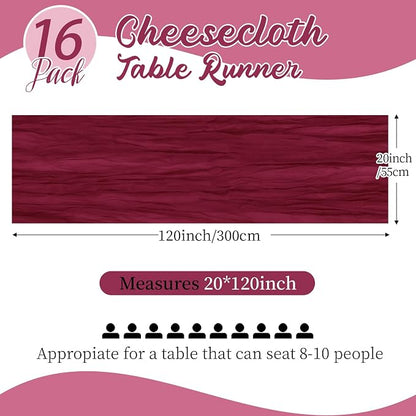 16 Pack Burgundy Cheesecloth Table Runners 20x120 Inch Gauze Table Runner 10FT - Image 2