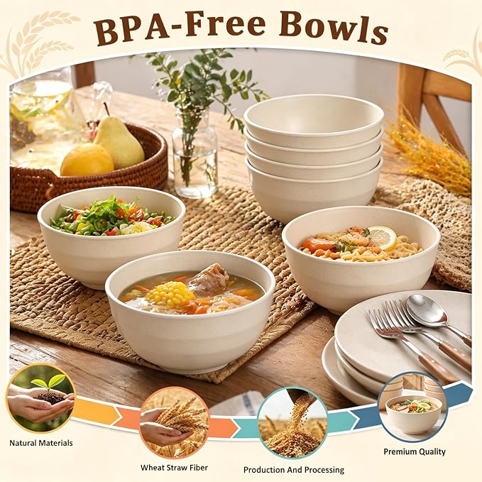 Large Salad Bowls 60oz, Unbreakable Wheat Straw Bowls Sets of 8, Meal Prep Bowls - Image 3