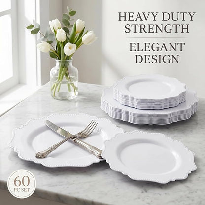 COLOSUS 60PCS White Plastic Plates-Fancy Plastic Beaded Plates, Plastic Premium - Image 3
