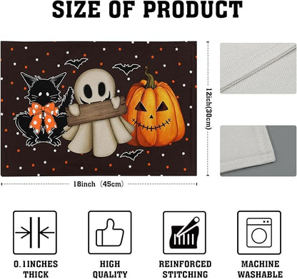 Giwawa Halloween Placemats Set of 4 Spooky Pumpkin Ghost Black Cat Bats Place Mat 12x18inch for Kitchen Tabletop Indoor Outdoor Non Slip Heat Resistant Table Mats for Dining Holiday Decor