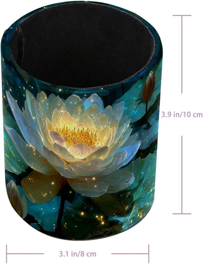 Leather Pen Holder for Desk, Water Lilies Pencil Cup Pen Organizer Makeup Brush - Image 3