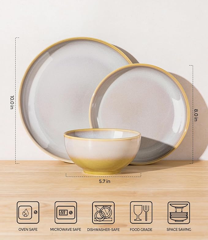 Ceramic Dinnerware Set for 4, 12-Piece Plates and Bowls Set | Lightweight - Image 2