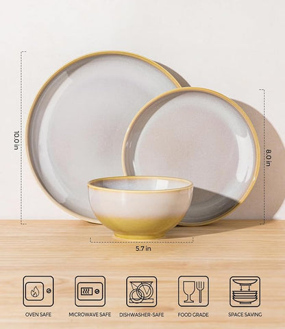 Ceramic Dinnerware Set for 4, 12-Piece Plates and Bowls Set | Lightweight - Image 2