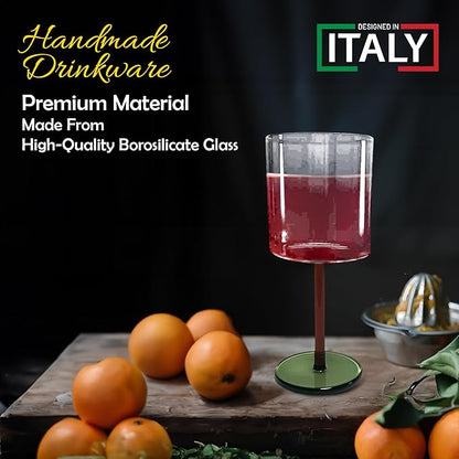 Gusto Buono 11.8oz Borosilicate Wine Glasses – Set of 4 Drinkware with Yellow & Green Stem | Handmade, Heat-Resistant, Dishwasher & Microwave Safe | Perfect for White & Red Wine, Parties & Gifts