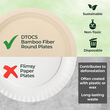 Dtocs Bamboo Fiber Plates 10 Inch Round (50 Pcs) | Bamboo Plate Disposable Dinnerware Set for Party, Dinner, BBQs, Wedding | Sustainable Platter for Hot, Cold Food | Alt to Plastic, Wood, Paper Plates