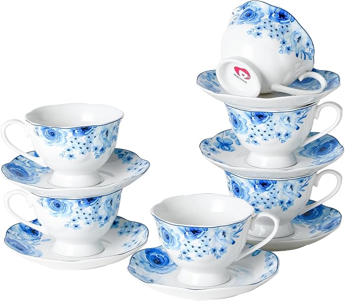 6oz Porcelain Tea Cup and Saucer Set of 6, Classic Blue Floral | Classic blue by PRECITIME