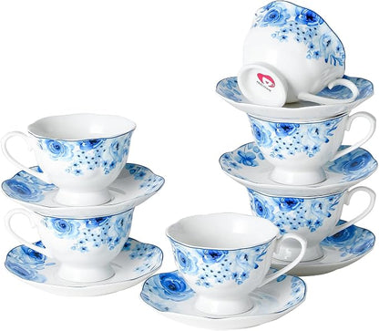 6oz Porcelain Tea Cup and Saucer Set of 6, Classic Blue Floral | Classic blue by PRECITIME