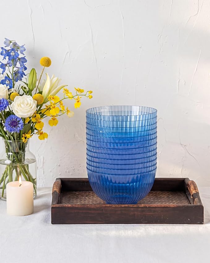 bUCLA 12 PCS Plastic Cereal Bowls Set - 28 Oz Clear Blue Disposable Vertical - Image 7