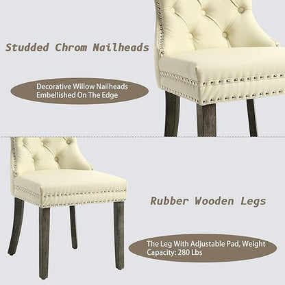 KCC Faux Leather Dining Chairs Set of 6, Upholstered High-end Tufted Dining Room Chair with Nailhead Back Ring Pull Trim Solid Wood Legs, Contemporary Nikki Collection Modern Style for Kitchen, Beige