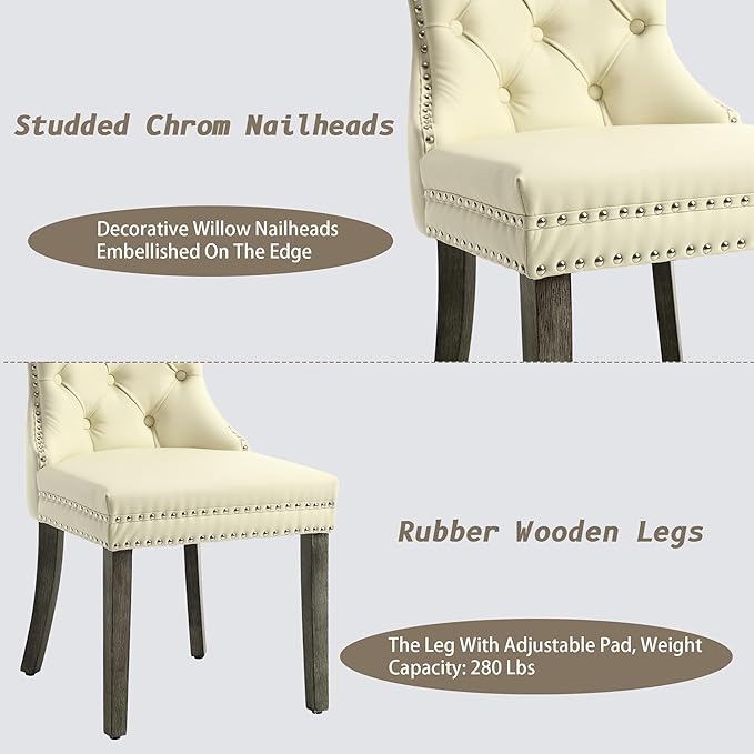 KCC Faux Leather Dining Chairs Set of 4, Upholstered High-end Tufted Dining Room Chair with Nailhead Back Ring Pull Trim Solid Wood Legs, Contemporary Nikki Collection Modern Style for Kitchen, Beige