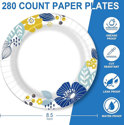 8.5 Inch Paper Plates Bulk 280 Count, Cut Proof Heavy Duty Paper Plates, Soak Proof Dessert Plate, Disposable Dinner Plate for Party, Birthday and Picnic (Flower)