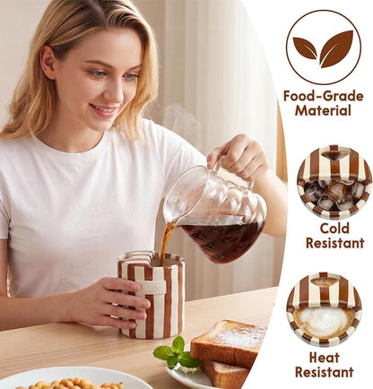 10oz Ceramic Coffee Mug with Sip Hole, Striped Espresso Cups - Image 2
