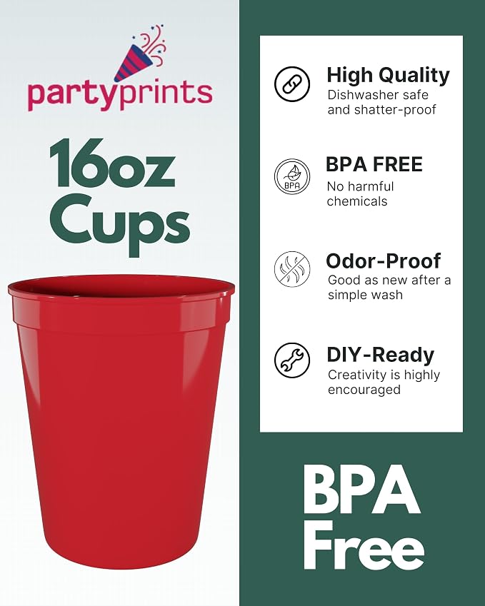 PartyPrints 10 Pack 16 oz Assorted Reusable Blank Plastic Cups, Stadium Cups - Image 3