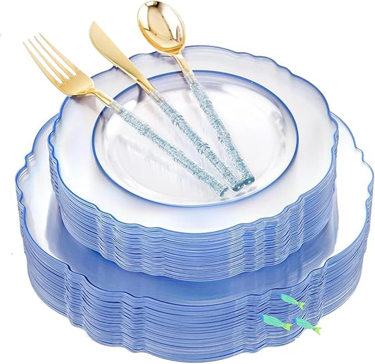 Liacere 150PCS Clear and Blue Plastic Plates-Clear and Blue Disposable Plates with Glitter Bamboo Handle Cutlery-60 Baroque Elegant Plates, 30 Forks, 30 Spoons, 30 Knives for Wedding＆Christmas