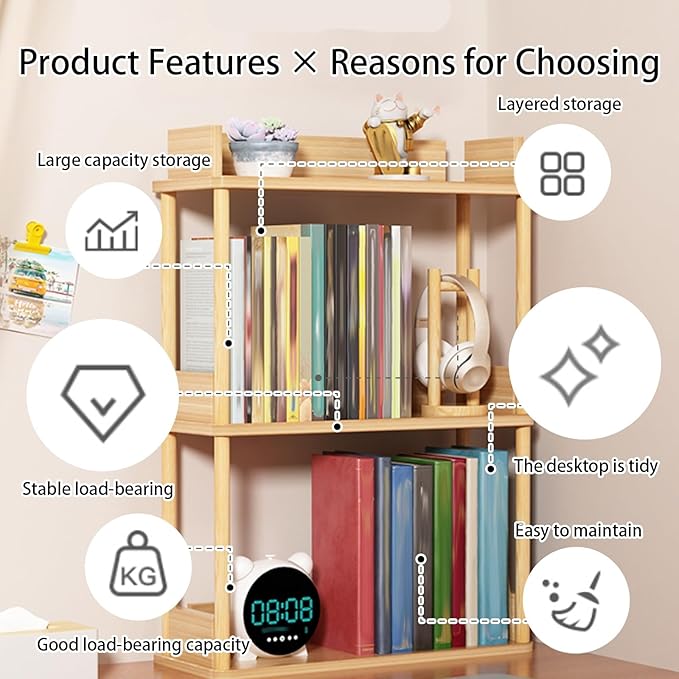 Desktop Organizer Shelf, Multi Tier Wood Tabletop Bookshelf, Space Saving Countertop Storage Rack for Office, Bedroom, Living Room(Light Walnut,19.6 * 7.8 * 26.7in)