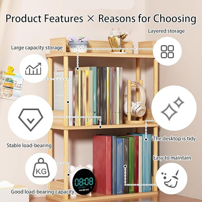 Desktop Organizer Shelf, Multi Tier Wood Tabletop Bookshelf, Space Saving Countertop Storage Rack for Office, Bedroom, Living Room(Light Walnut,19.6 * 7.8 * 26.7in)