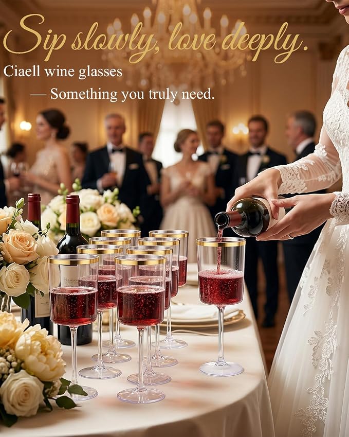 Ciaell 12 Pack Plastic Wine Glasses - 10 Oz Plastic Wine Glasses - Gold Rim - Image 6