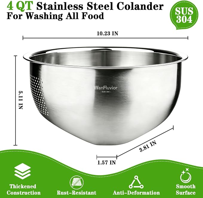 Rice Washer Strainer Bowl, 4 QT Stainless Steel Colander - Image 2