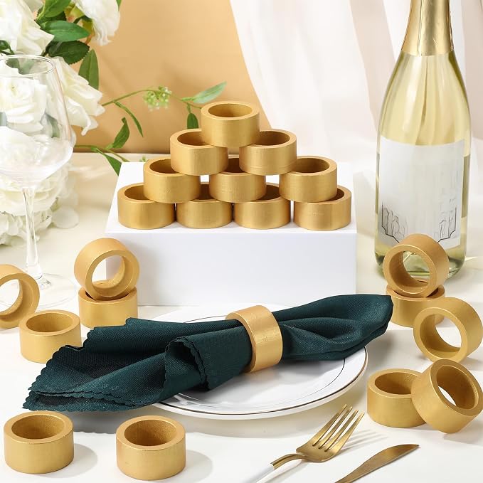 LemonRoad 12 Set Gold Napkin Rings Boho Wedding Wooden Napkin Holders Round - Image 4