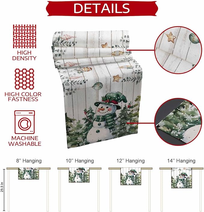 Christmas Snowman Table Runner 48 Inches Long, Xmas Trees Eucalyptus Leaves - Image 7