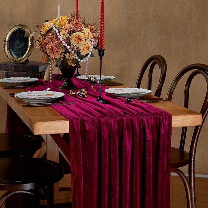 Burgundy Velvet Table Runner 29x120 Inch Luxury Retro Christmas Runners | 5 - Image 4