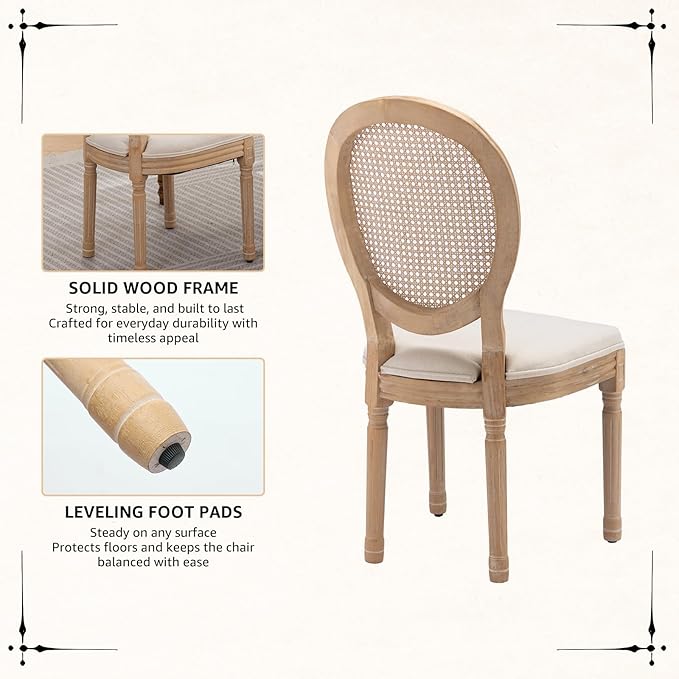 Vintage French Rattan Dining Chairs Set of 8, Solid Wood Frame with Round Rattan Back and Linen Upholstered Seat, Farmhouse Accent Sillas de Comedor Side Chairs for Dining Room & Kitchen, Beige