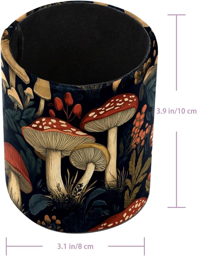 Leather Pen Holder for Desk, Vintage Mushroom Pencil Cup Pen Organizer Makeup - Image 3
