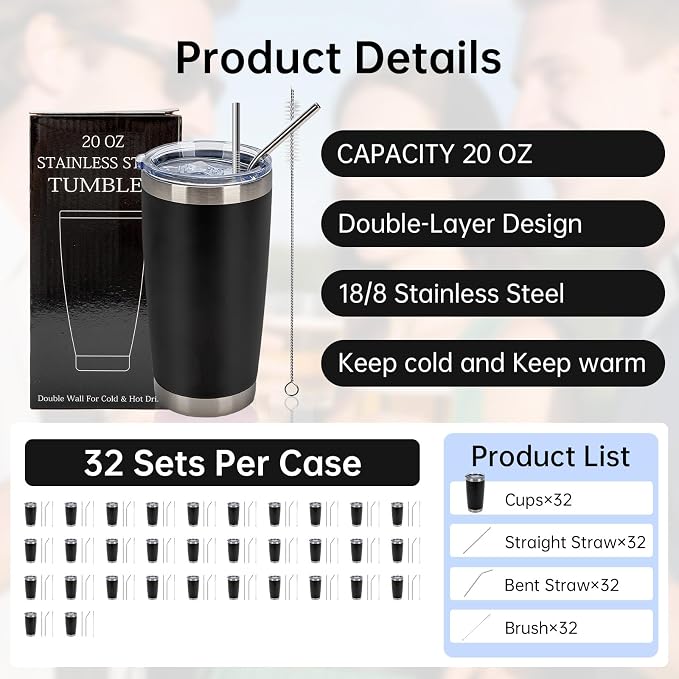 IEOVIEE 32 Pack 20oz Stainless Steel Insulated Bulk Tumblers - Image 2