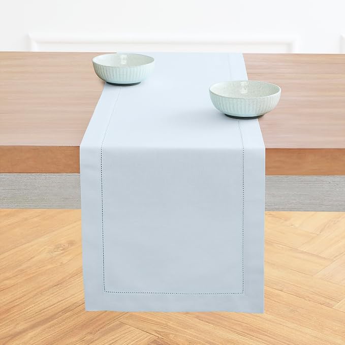 Solino Home Cotton Linen Table Runner Light Blue Hemstitch, 14 x 108 in | by SolinoHome