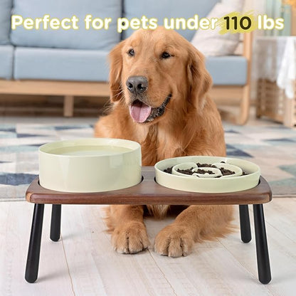 SPUNKYJUNKY Ceramic Elevated Dog Bowls with Slow Feeder Raised Acacia Bamboo Wooden Stand, 8.3'' Dog Food Water Bowls Set Non-Slip for Medium Large Sized Breed Microwave Dishwasher Safe - Beige