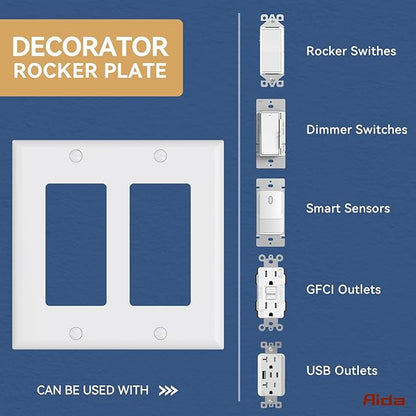AIDA 2-Gang Decorative Wall Plates, Standard Size 4.53" H x 4.57" L, Unbreakable Thermoplastic, UL Listed - 10 Pack, Glossy White for Outlets & Switches