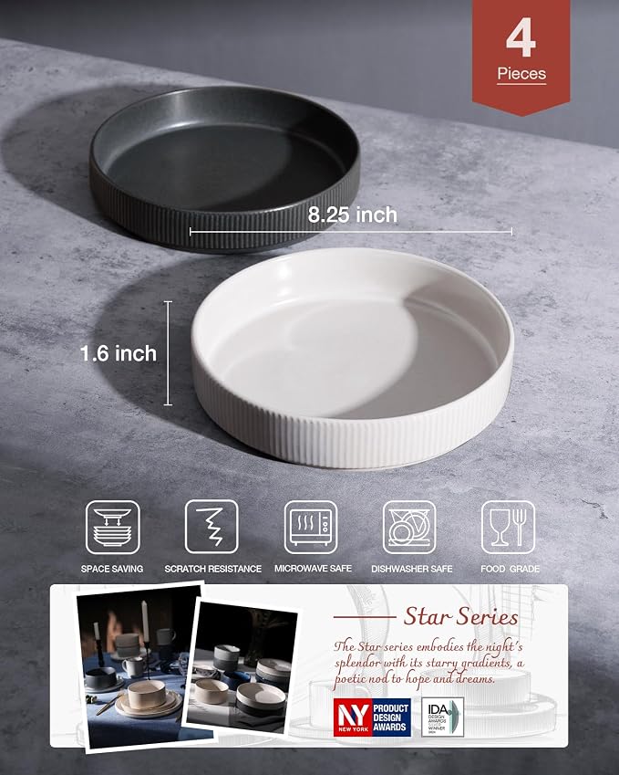 famiware Star 8.25" Pasta Bowls Set of 4, Bowl Plate, Dark Charcoal & White | - Image 2