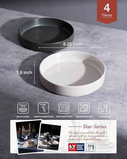 famiware Star 8.25" Pasta Bowls Set of 4, Bowl Plate, Dark Charcoal & White | - Image 2