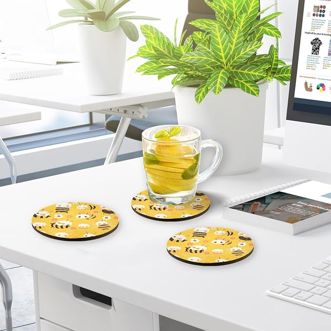 Bees on Yellow 4 Pcs Aesthetic Coasters Cork Tripod, Thermal Pad - Image 7