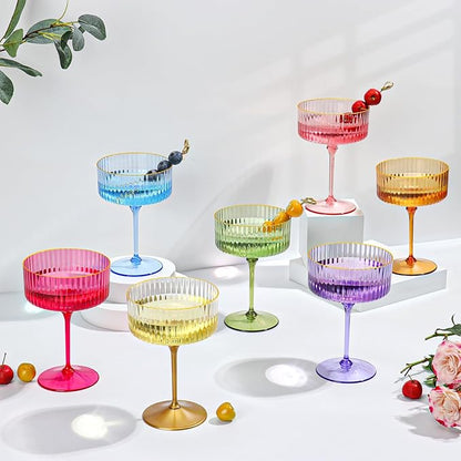 24 PCS Gold Rim Plastic Champagne Coupe Cup Sage Green Ribbed Coupe Glasses 10oz Detachable Espresso Martini Glass Vintage Margarita Glassware Cocktail Glass Set for Baby Shower Christmas Wedding