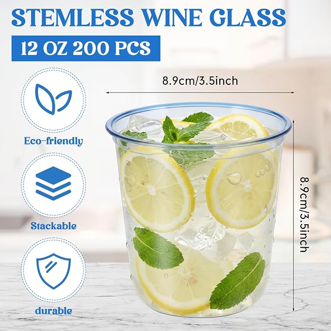 Ziliny 200 Pcs Disposable Stemless Glasses 12oz Crystal Plastic Wine Glasses - Image 3