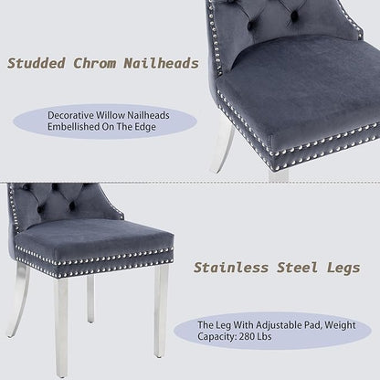 KCC Velvet Dining Chairs Set of 2, Upholstered High-end Tufted Dining Room Chair with Nailhead Back Ring Pull Trim Stainless Steel Legs, Contemporary Nikki Collection Modern Style for Kitchen, Gray