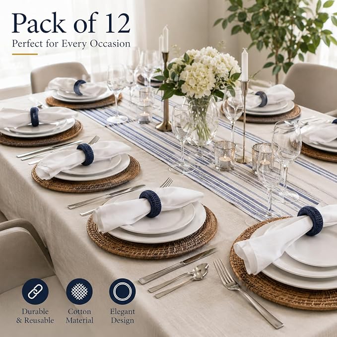 Blue Napkin Rings Set of 12, Rustic Boho Rayon | Rayon over plastic core - Image 8